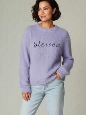 Ivy Rose Fuzzy Blessed Crew Sweater in Light Purple, S